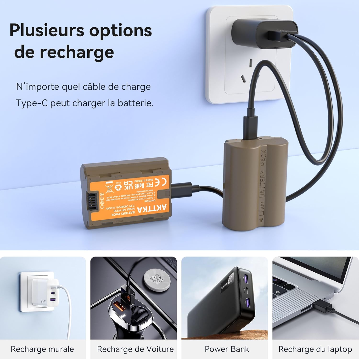 Detalle de Kit AKTTKA NP-W235 – 2x 2600 mAh avec station de charge USB-C pour Fuji X-T4/X-T5 et GFX/X-H2S