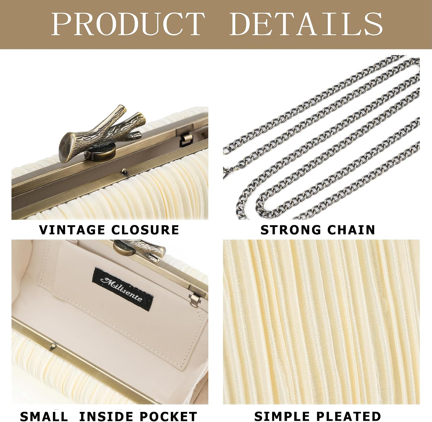 Detalle de Milisente clutch bag for women with top handle, pleated satin finish and antique brushed gold clasp