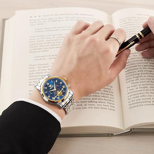 Detalle de OLEVS Men's Two-Tone Stainless Steel Quartz Watch with Moon Phase and Luminous Hands