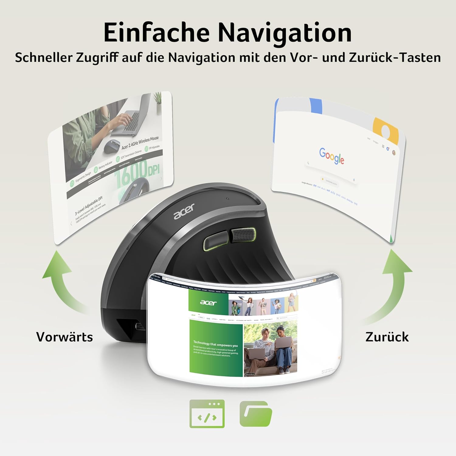 Thumbnail 6 de Acer 2.4G ergonomische vertikale optische Maus – kabellos, wiederaufladbar (bis 1.600 DPI) für PC & Laptops