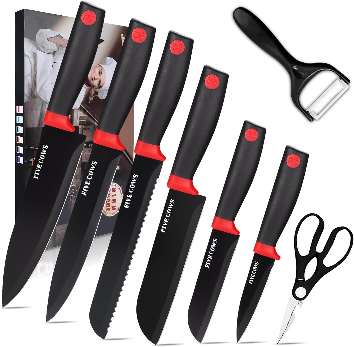 Detalle 1 de Coffret cuisine FIVE COWS 6 pièces : couteau de chef, couteau à viande et accessoires
