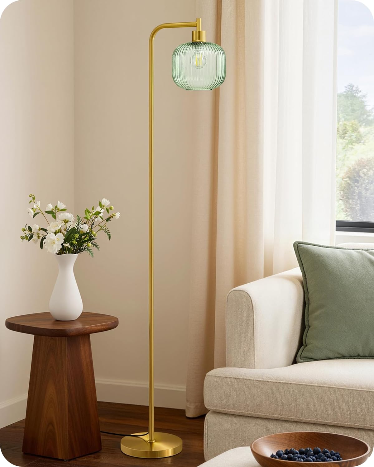 Thumbnail 1 de EDISHINE Lampadaire sur Pied Salon – Lampe Arquée avec Abat-Jour Verre Vert Menthe et Structure Dorée