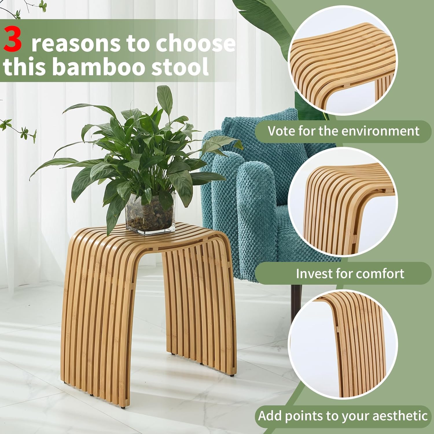 Thumbnail 5 de Bamboo Shower Bench: Non-Slip, Waterproof Bath Stool with 450 lb Capacity