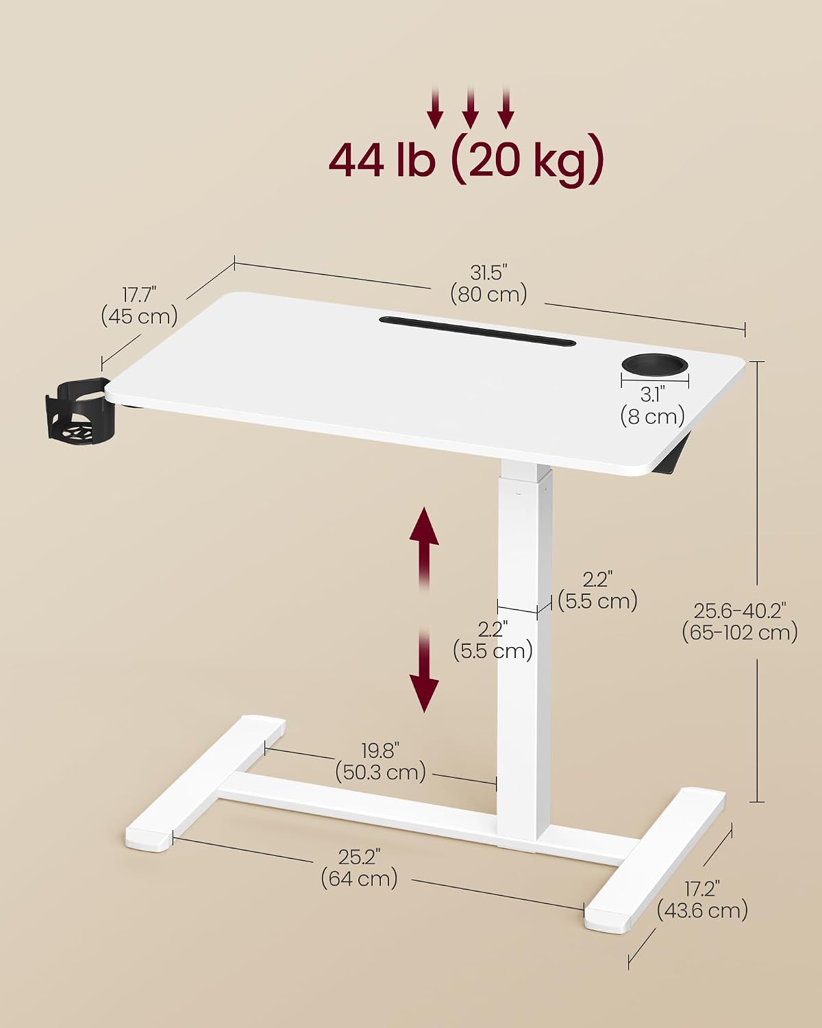 Detalle 2 de VASAGLE LSD601YA01 Overbed Table 80x45 cm