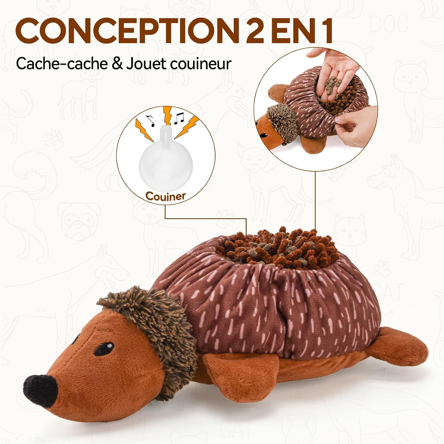 Detalle 2 de LIFLIX Jouet Interactif 2 en 1 pour Chien en forme de Hérisson – Tendre jouet peluche et renifleur