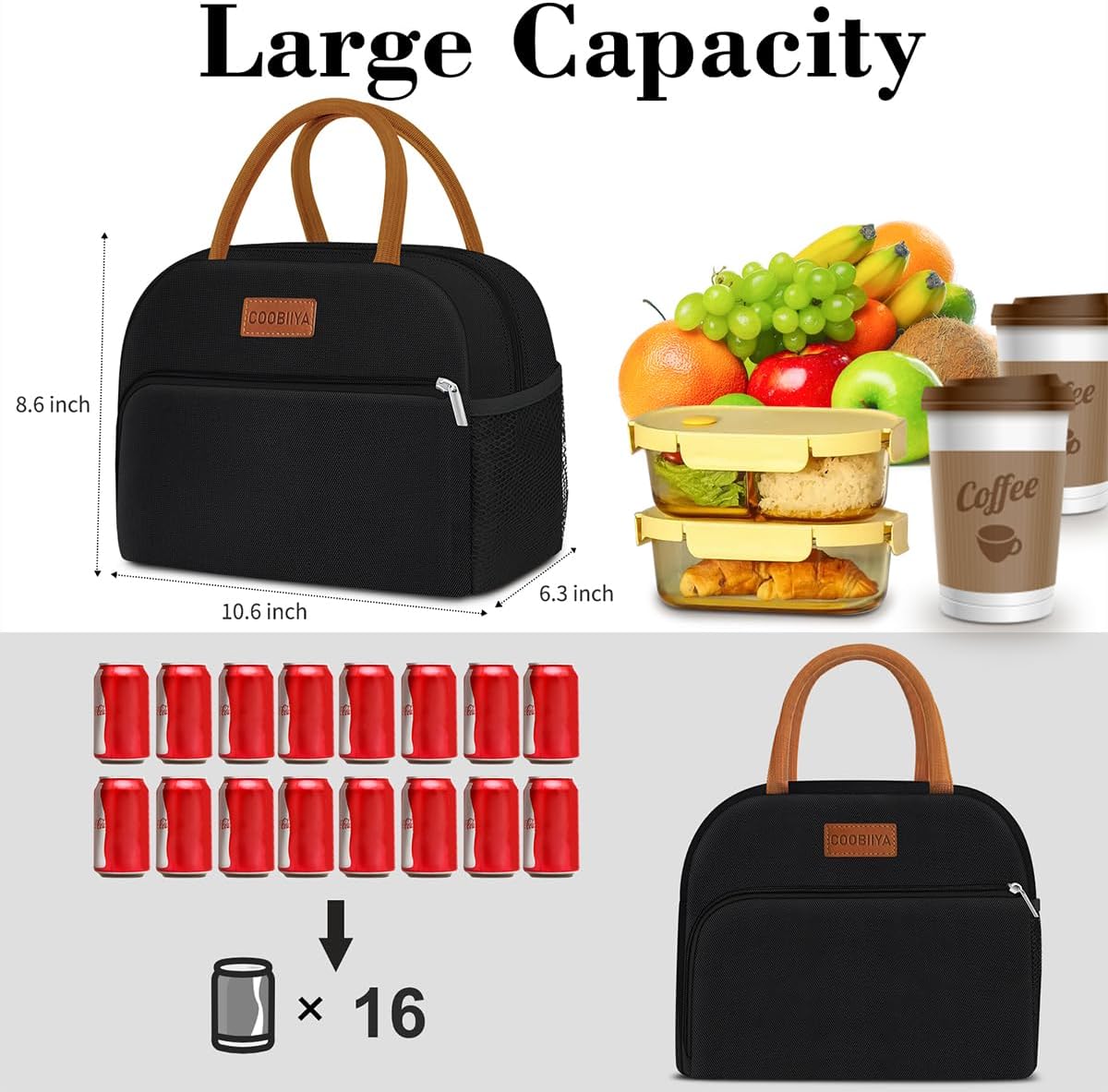Thumbnail 2 de Coobiiya 10L Insulated Lunch Bag Tote with Leakproof Lining, Reusable Oxford Lunch Box (Black)