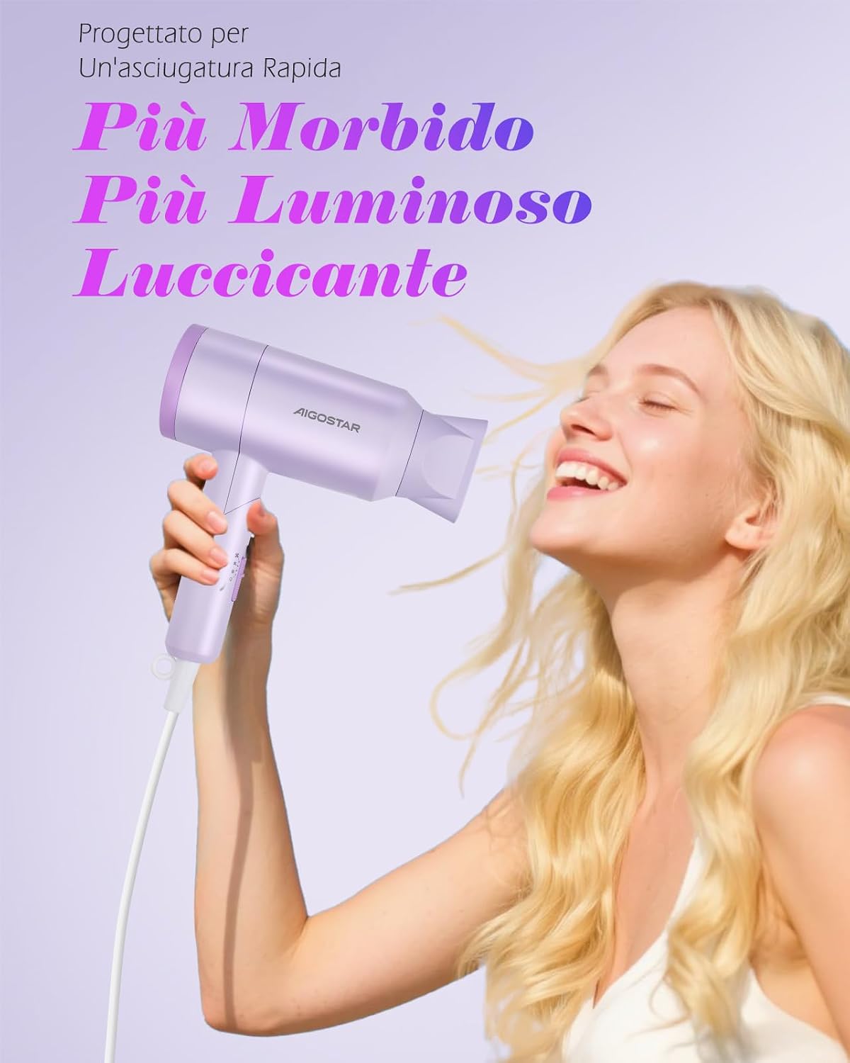 Thumbnail 6 de Aigostar Phon Capelli 1800W Ionico: asciugacapelli pieghevole da viaggio in viola con 2 livelli di calore e concentratore rimovibile
