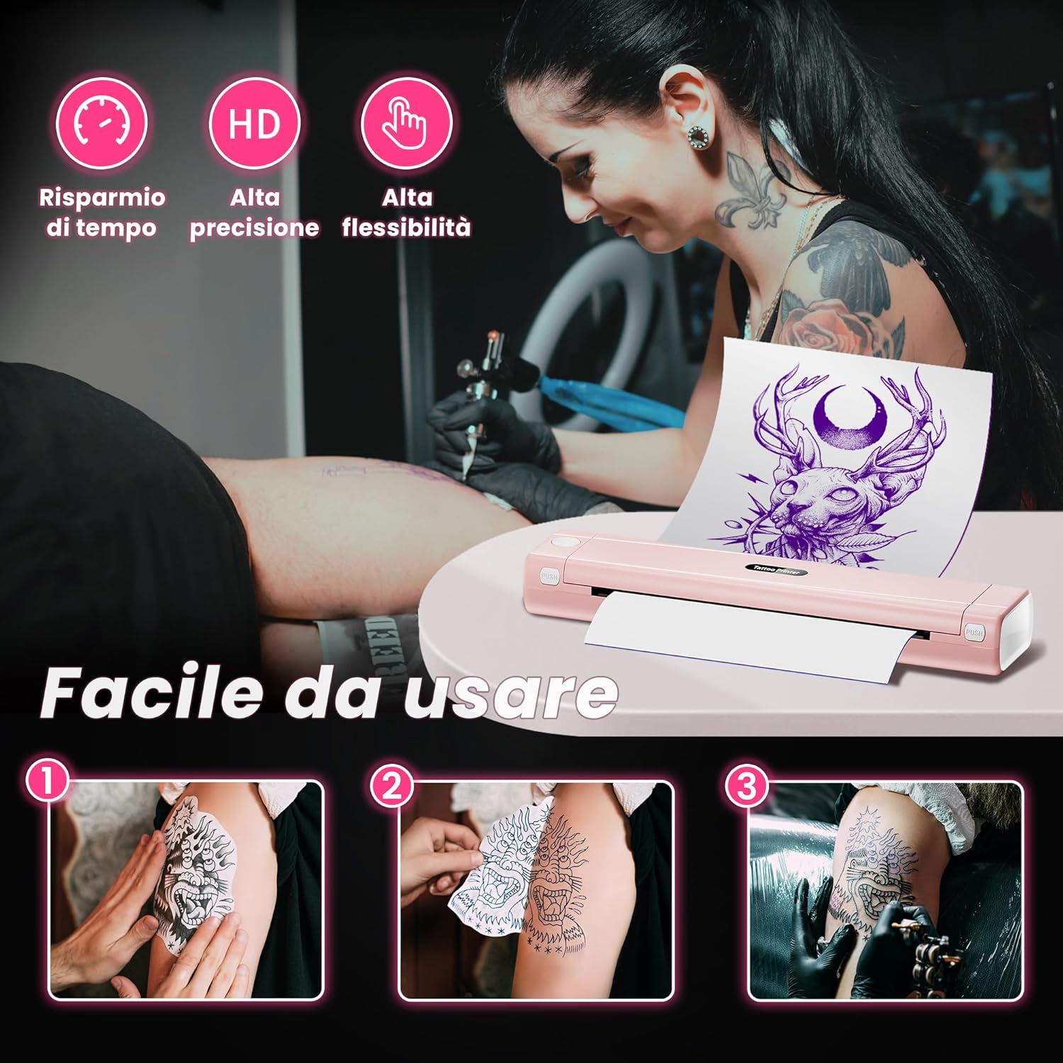 Thumbnail 4 de Rosa Stampante Stencil Tattoo TATTMUSE: stampante termica Bluetooth con 10 fogli transfer per tatuaggi