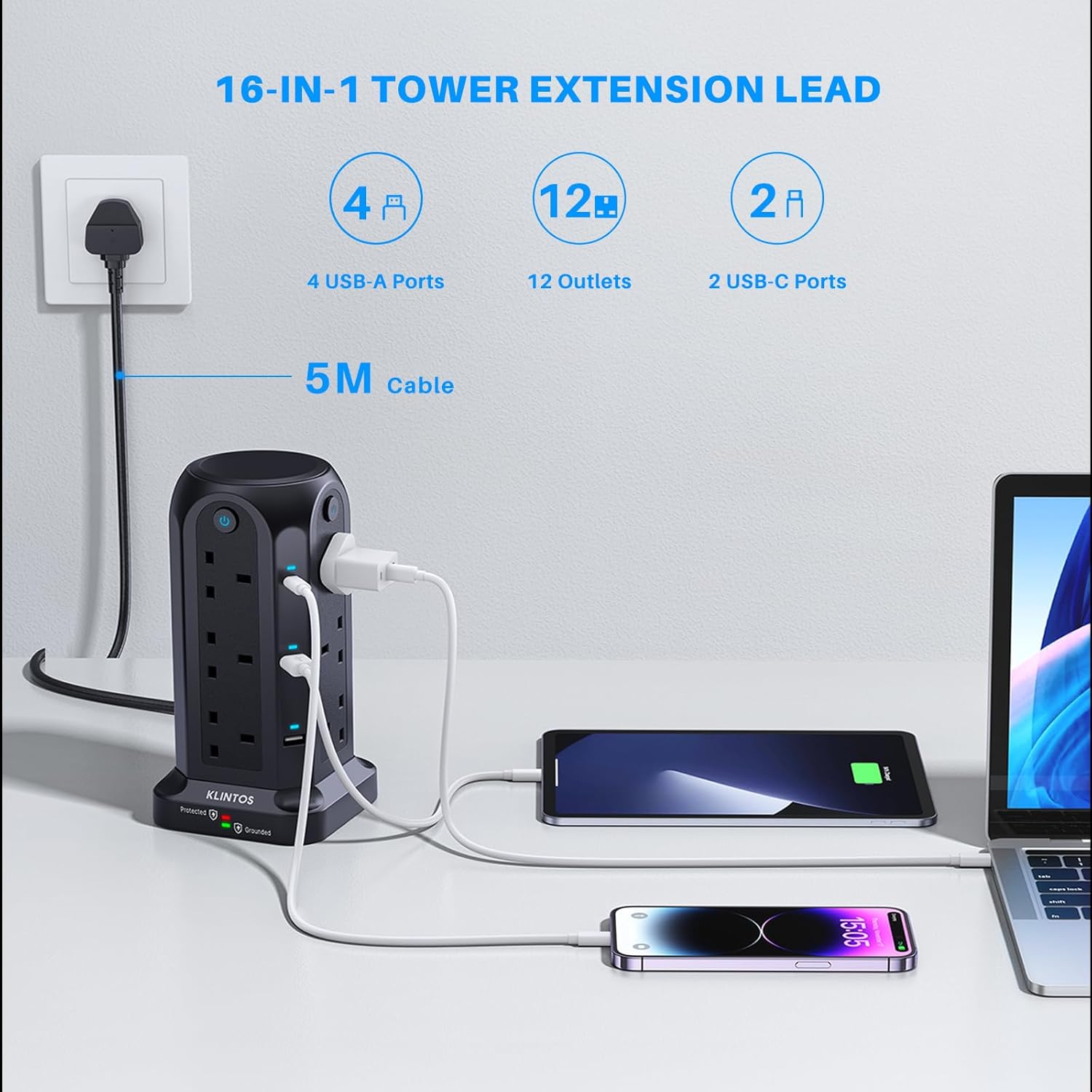 Thumbnail 1 de Tower Extension Lead 5M with 12 Way Surge Protection 🎛