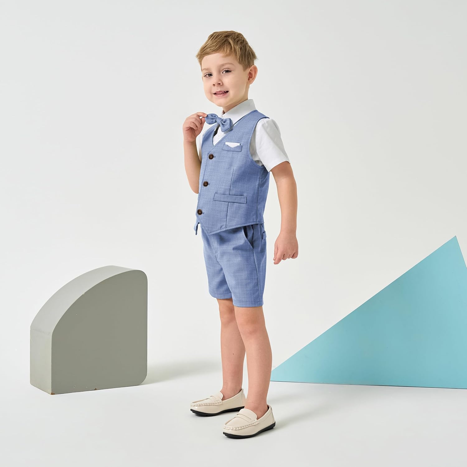 Thumbnail 3 de Volunboy 4-Pieces Baby Boys Summer Wedding Suit – Short Sleeve Shirt, Detachable Bow Tie, Vest & Shorts