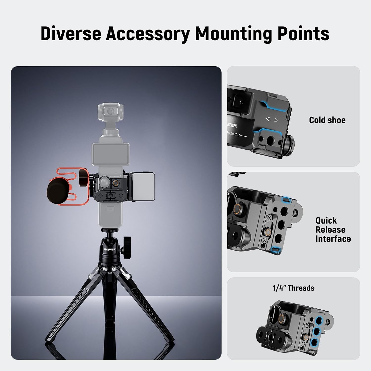Detalle 2 de NEEWER Pocket 3 Käfig & Action-Kamera Adapter AC009 PRO für DJI Osmo Pocket 3 & Action 2 Magnetic Mount