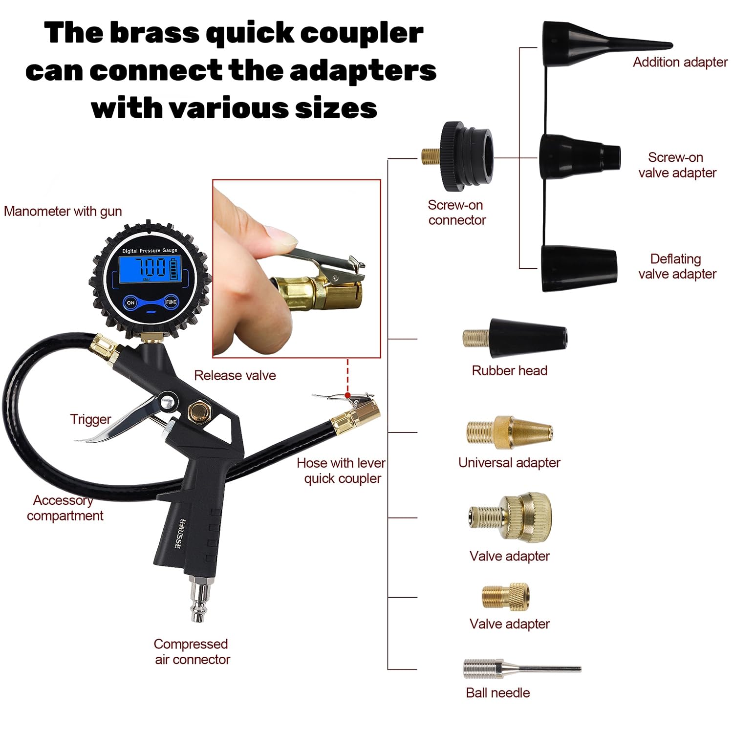 Detalle 2 de Hausse Heavy Duty Compressor Accessory Kit with Digital Tire Pressure Gauge, Inflator & 1/4" NPT Air Tool Fittings
