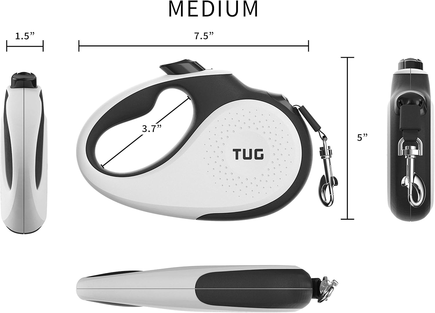 Detalle de TUG 360° Tangle-Free Retractable Dog Leash (Medium, White) — 16 ft Nylon Tape with One-Handed Brake, Pause & Lock