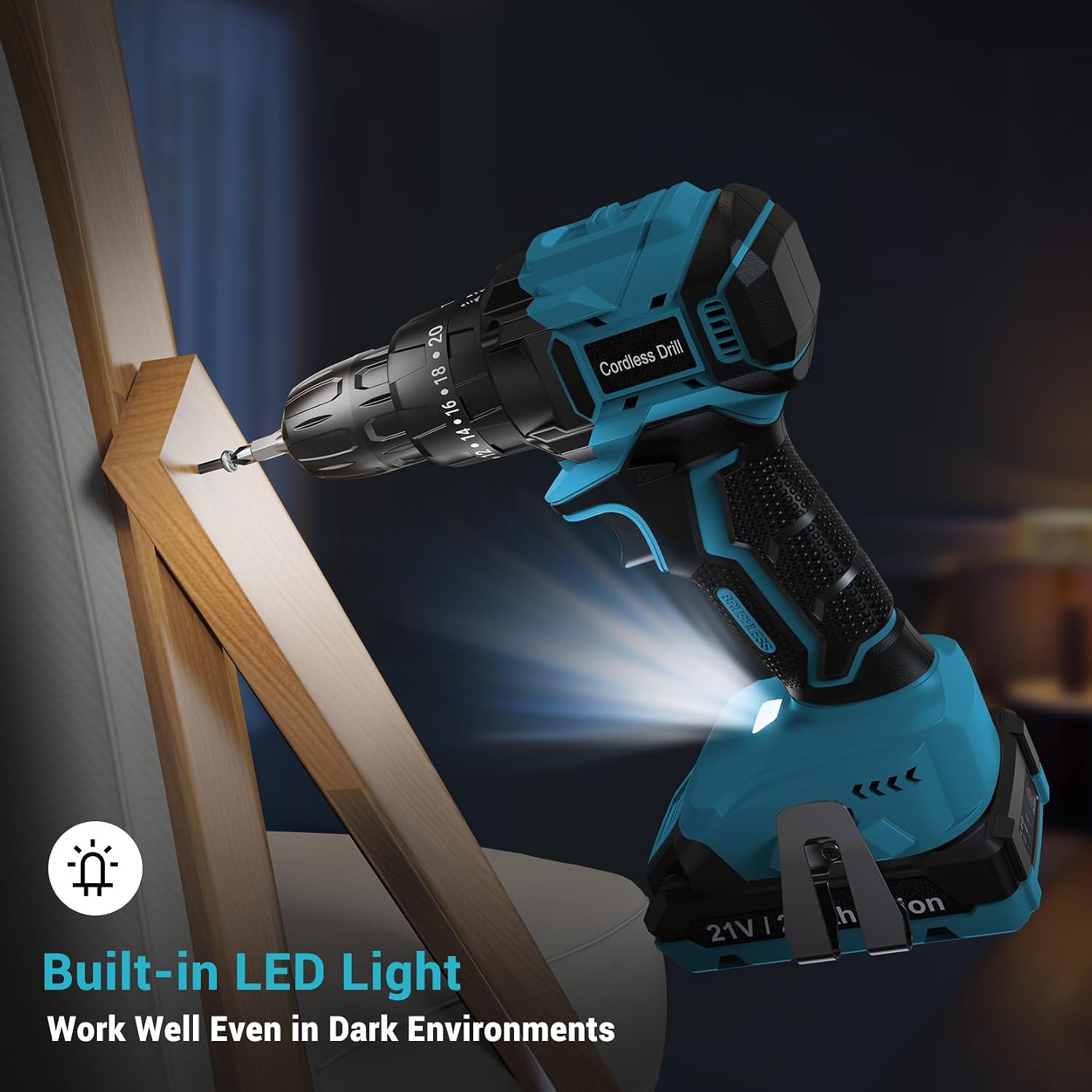 Detalle 2 de LEEIKOO 21V Brushless Cordless Hammer Drill/Driver with 2 x 2.0Ah Batteries, 45N.m Combi Mode