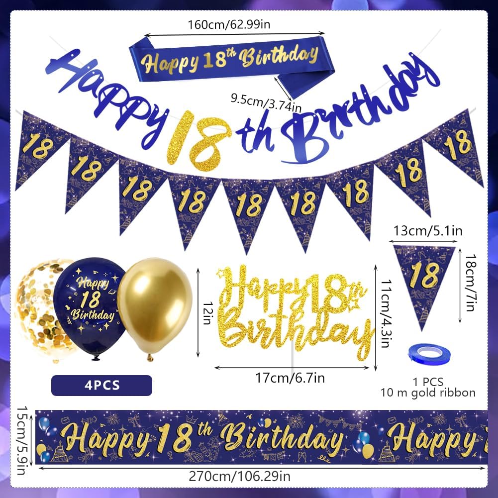 Thumbnail 1 de Navy Blue & Gold 18th Birthday Decorations for Men – Triangular Flags, Balloons & More