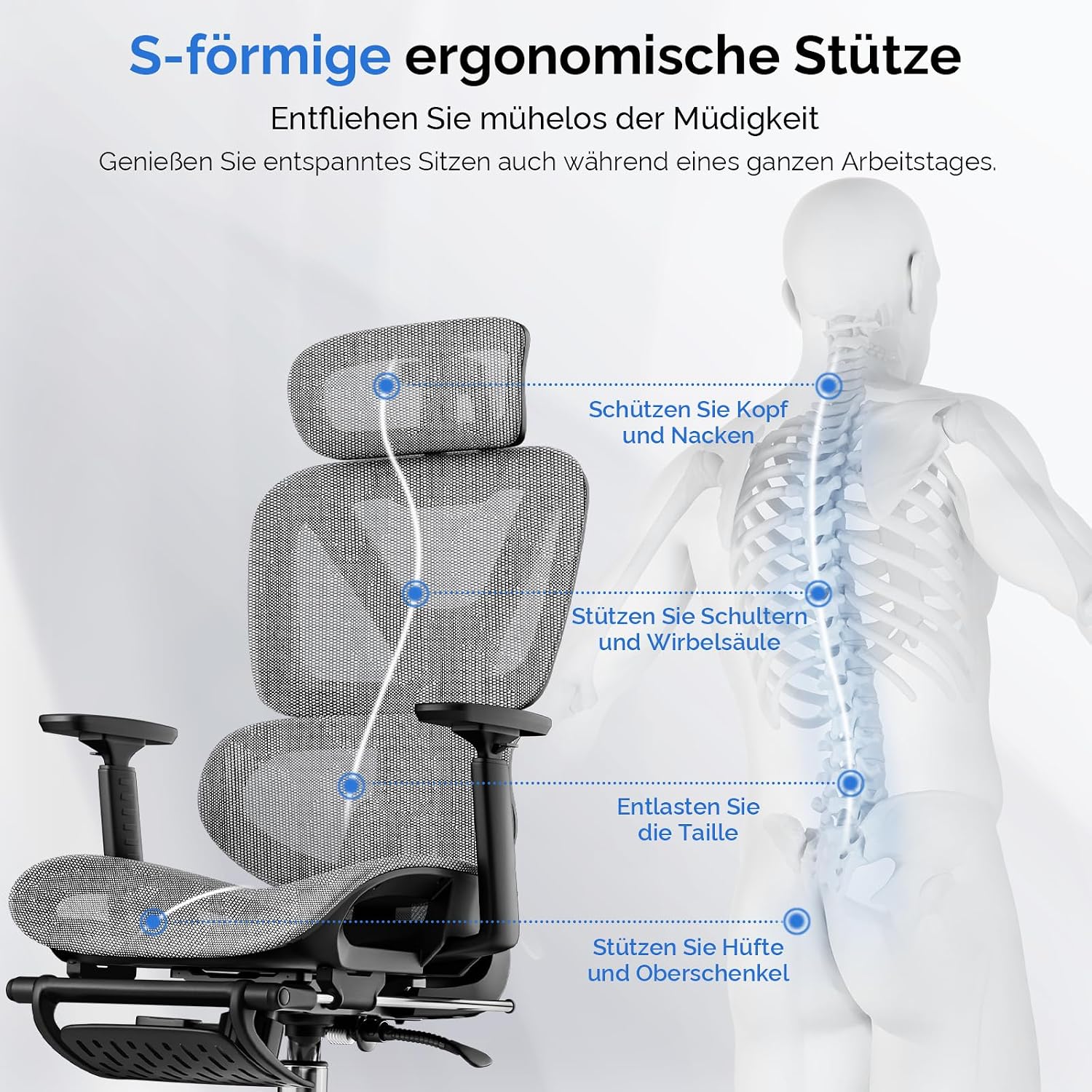 Detalle de Bürostuhl mit Fußstütze und 4D Armlehnen
