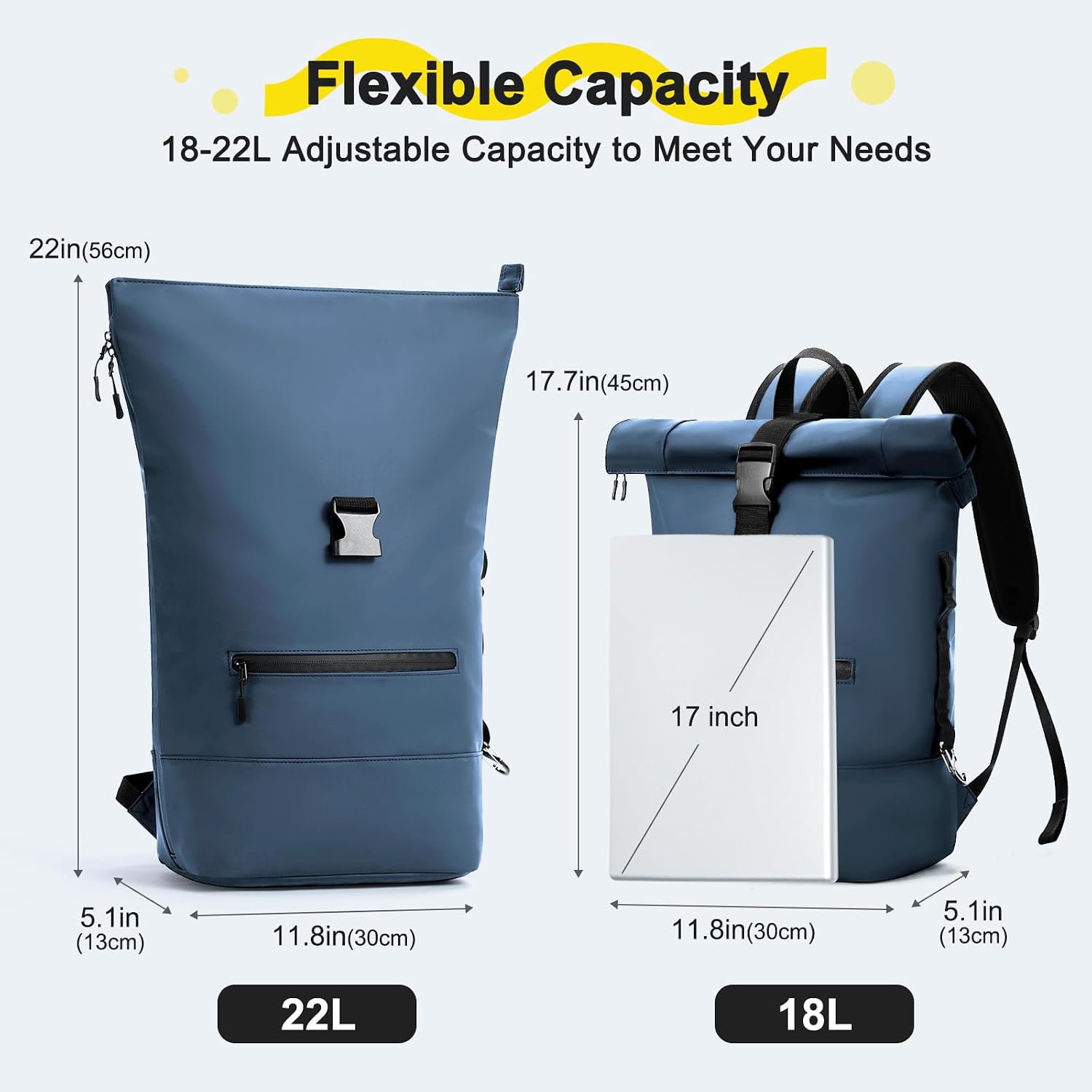 Detalle de Reiseresa Rolltop Rucksack – wasserdicht, 18–22L, Laptopfach 17" (Schwarz)