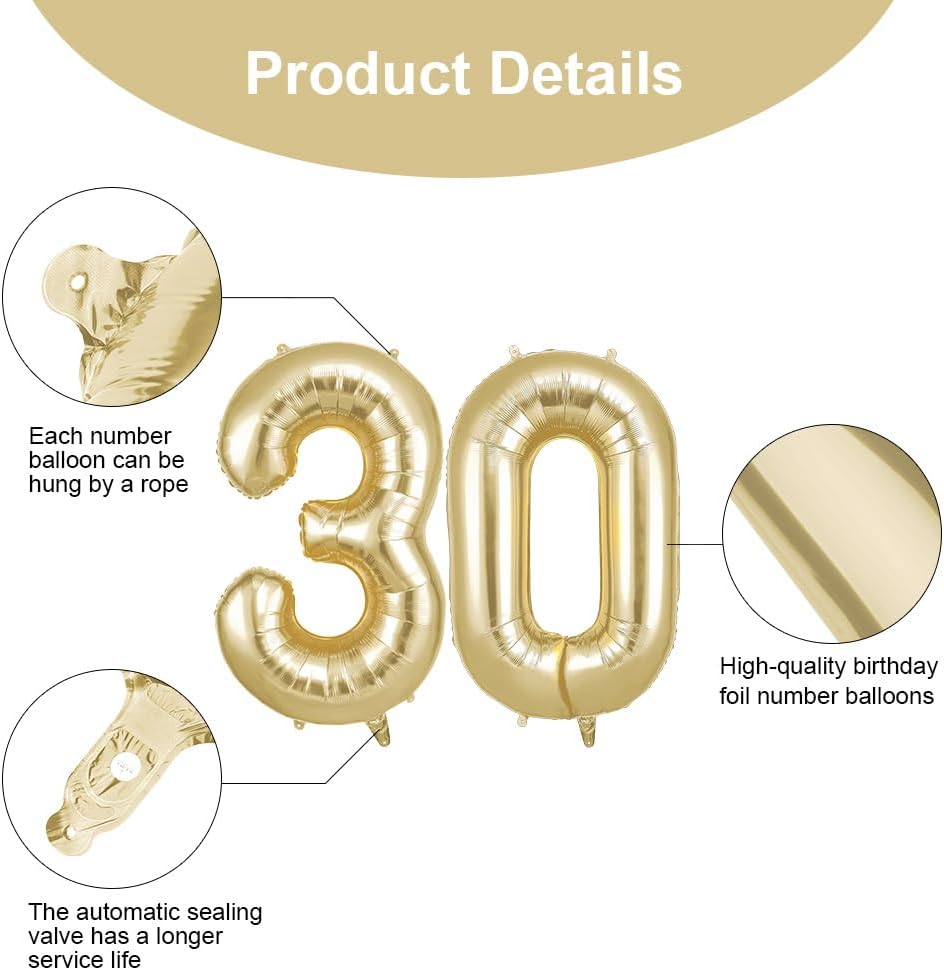 Thumbnail 2 de OFFCUP Ballon d’anniversaire 30 ans Or Clair – ballon numéroté auto-obturant 101 cm (foil) pour fête