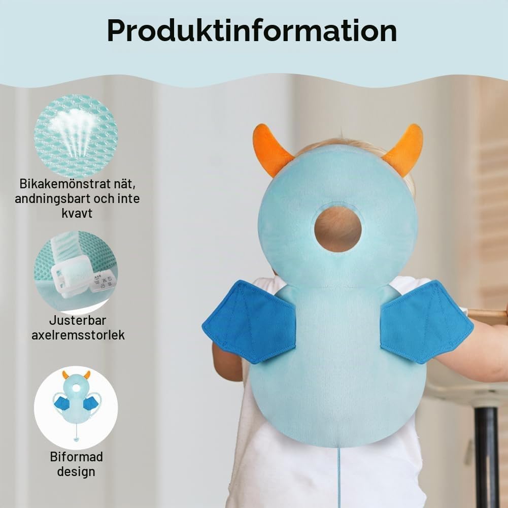 Detalle de Vicloon babyhuvudskydd Blått monster med justerbar utformning och knäskydd