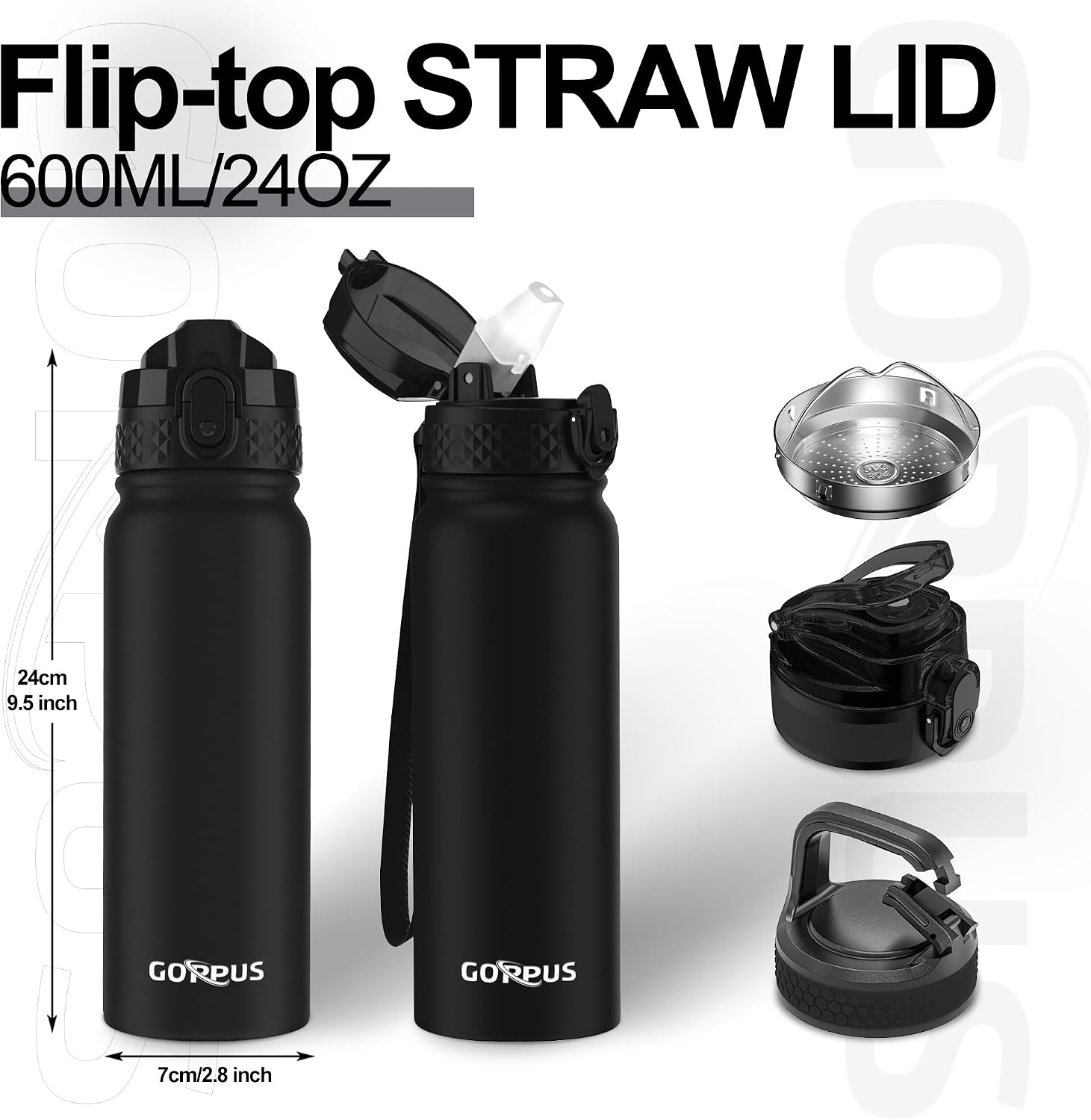Detalle 2 de GOPPUS 600ml/20oz Stainless Steel Water Bottle with Straw and Leakproof Flip Lid