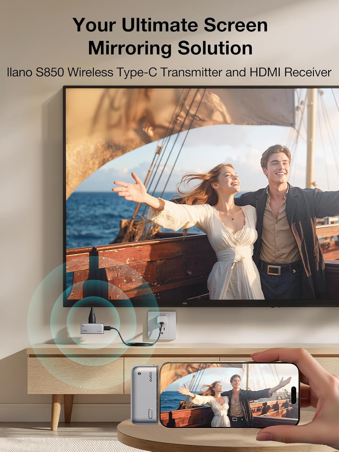 Thumbnail 1 de llano S850 Upgraded Type-C Wireless HDMI Transmitter and Receiver (50M) for Ultra 4K Decode, Plug & Play Mirroring