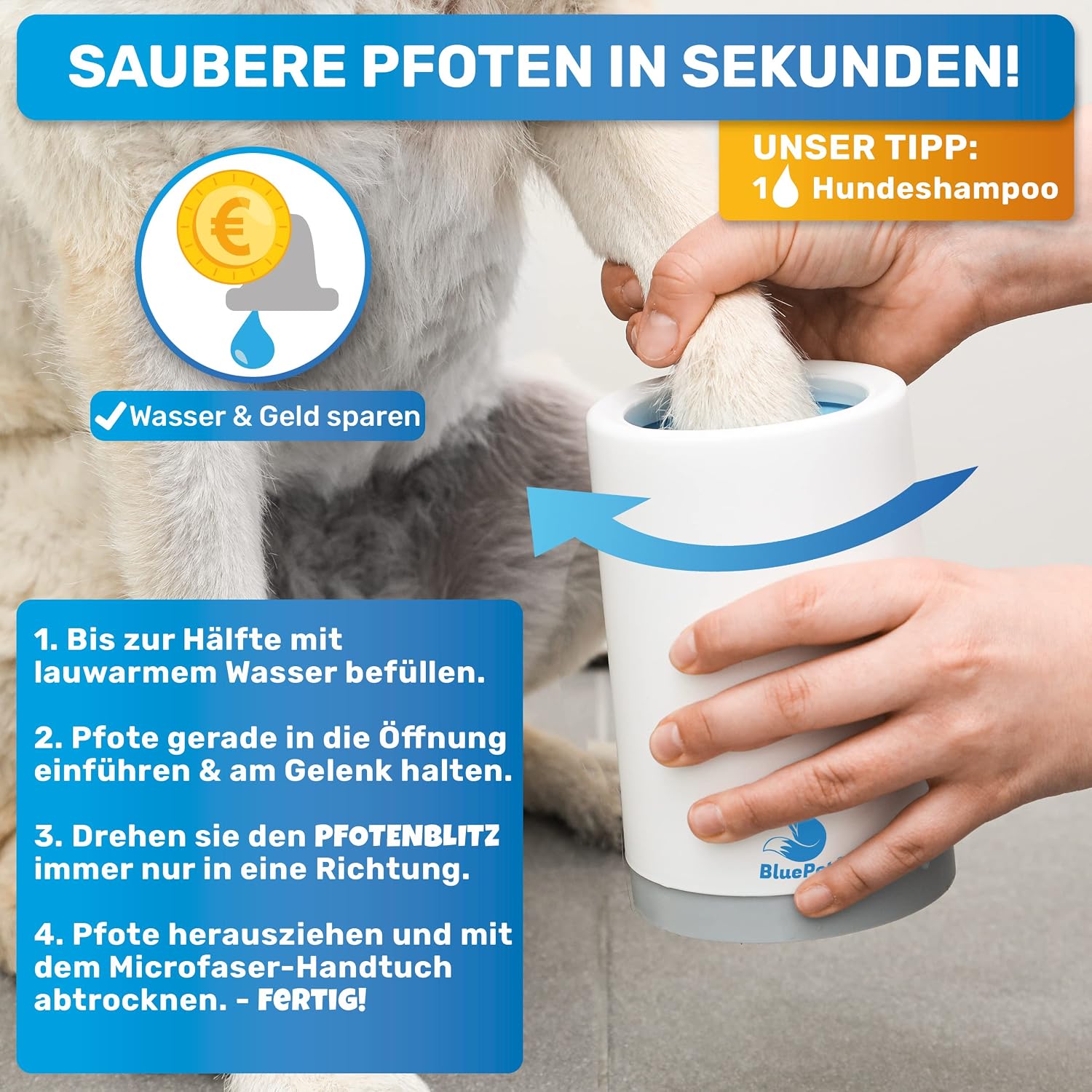 Thumbnail 5 de BluePet Pfotenreiniger Pfotenblitz Größe L – entfernt Schmutz von Hundepfoten inkl. Mikrofaser-Handtuch