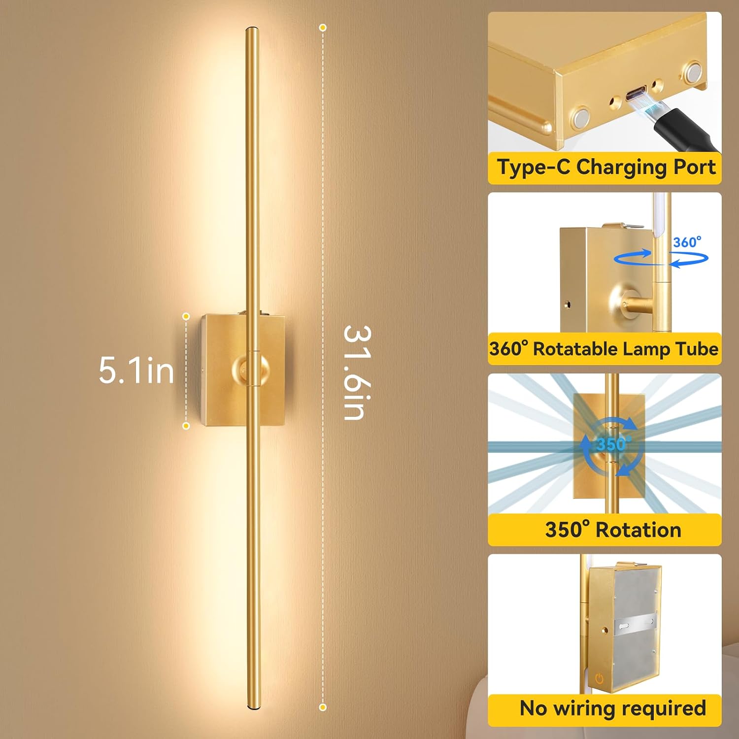 Detalle 1 de Ouyulong WS-04 Battery-Operated Wall Sconces, 31.6in Gold, Set of 2