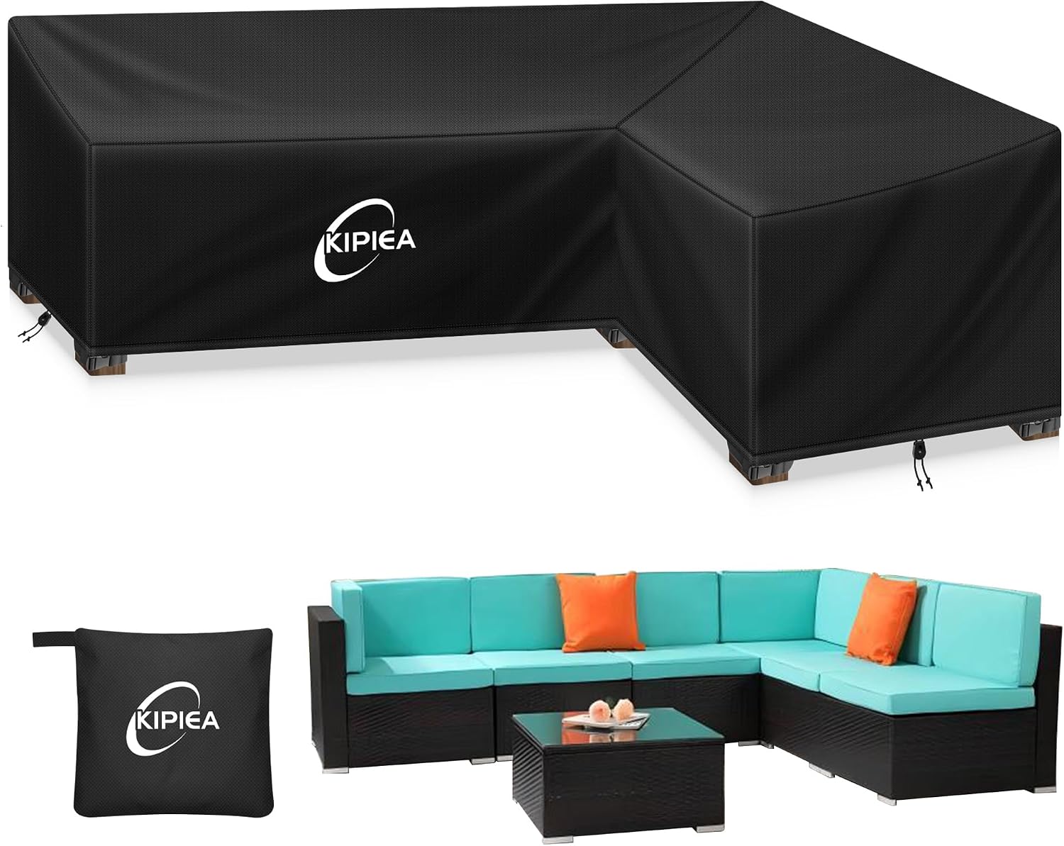 Detalle de Kipiea L Shaped Garden Furniture Cover: Waterproof 420D Oxford, Windproof & UV-Resistant for Outdoor Corner Sofas