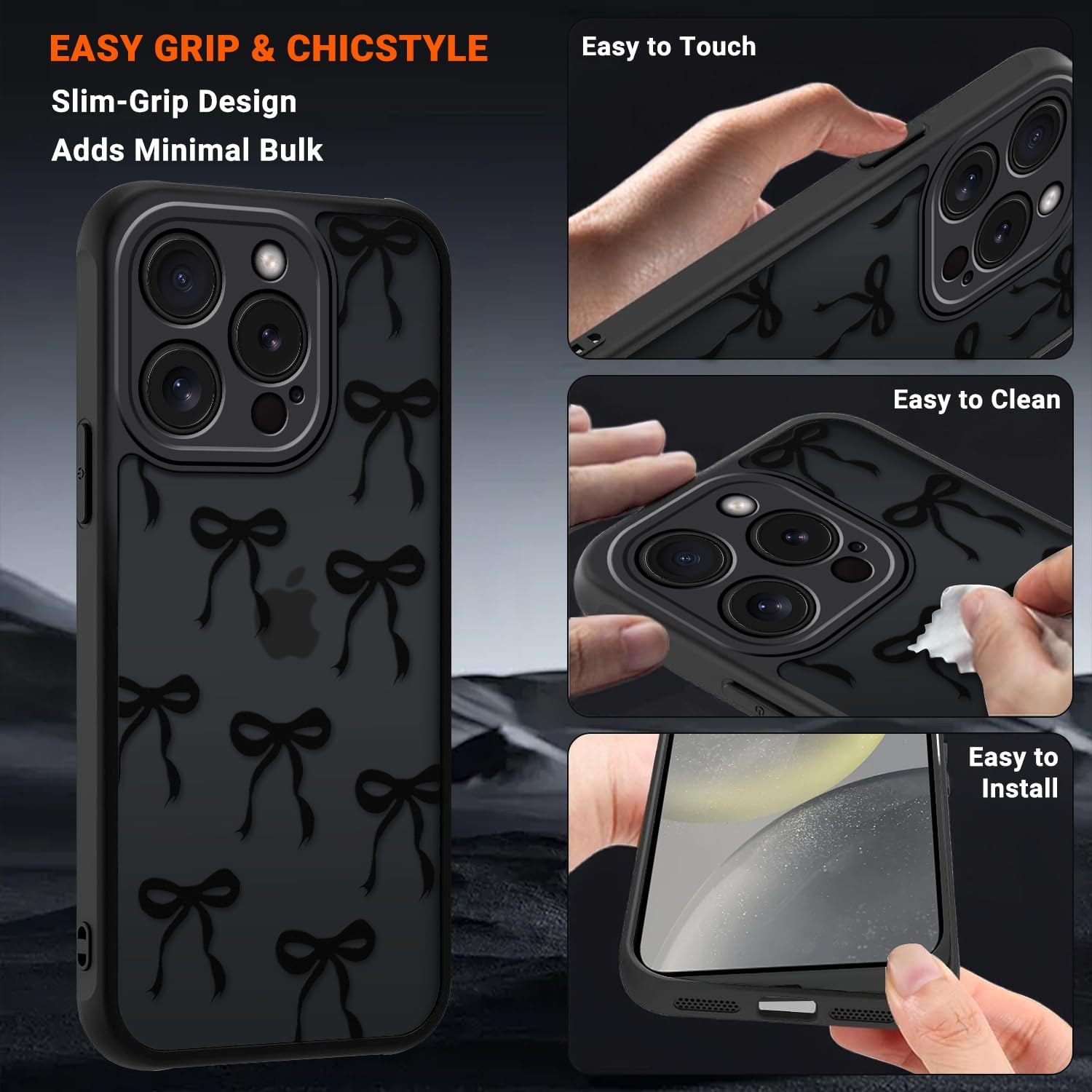 Thumbnail 3 de XTCASE Coque pour iPhone 15 Pro – Dossier Papillon Noeud, Noir, Silicone TPU + PC, anti-jaunissement et protection caméra