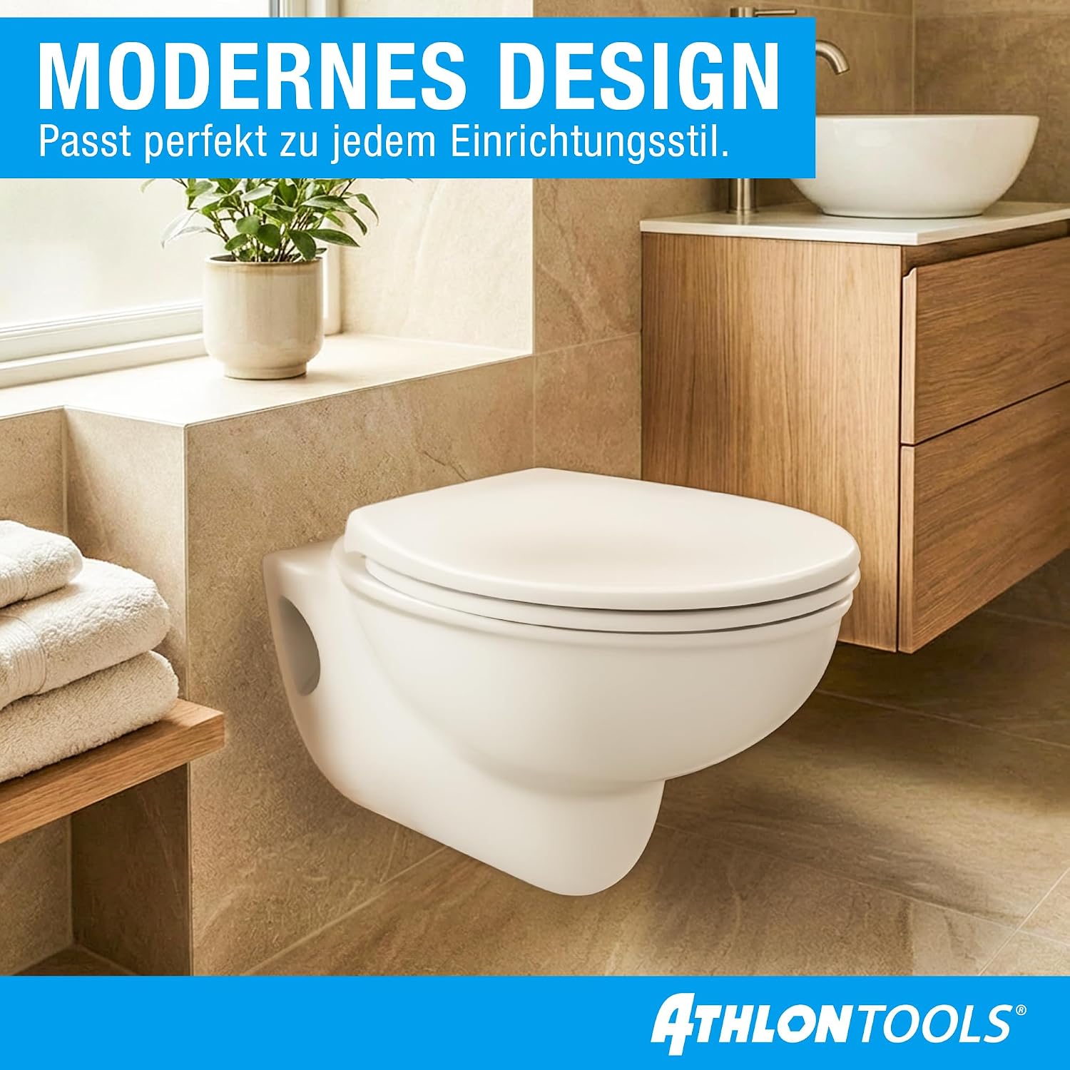 Detalle de ATHLON TOOLS Toilettendeckel mit Absenkautomatik O-Form – Soft-Close, Quick-Release und antibakterieller, kratzfester Klodeckel