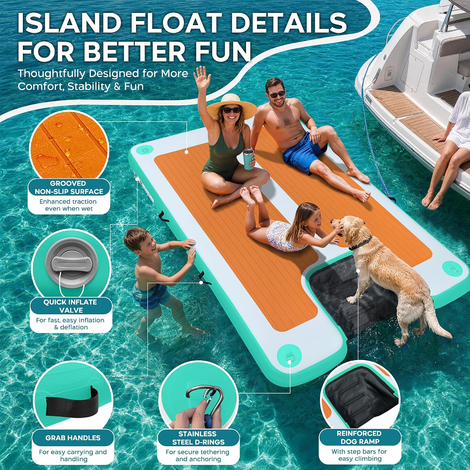 Detalle de AWEMUFA Inflatable Floating Dock with Ramp — 8ft x 6ft Large Floating Platform for Lakes, Pools, and Boats