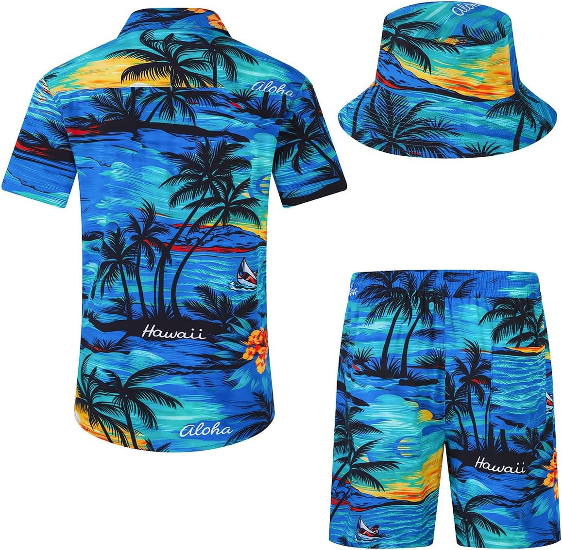 Detalle de SPKPKEY Hawaii-Hemd und Shorts für Herren 2-teilig – Lässiges Sommer-Outfit mit Hut