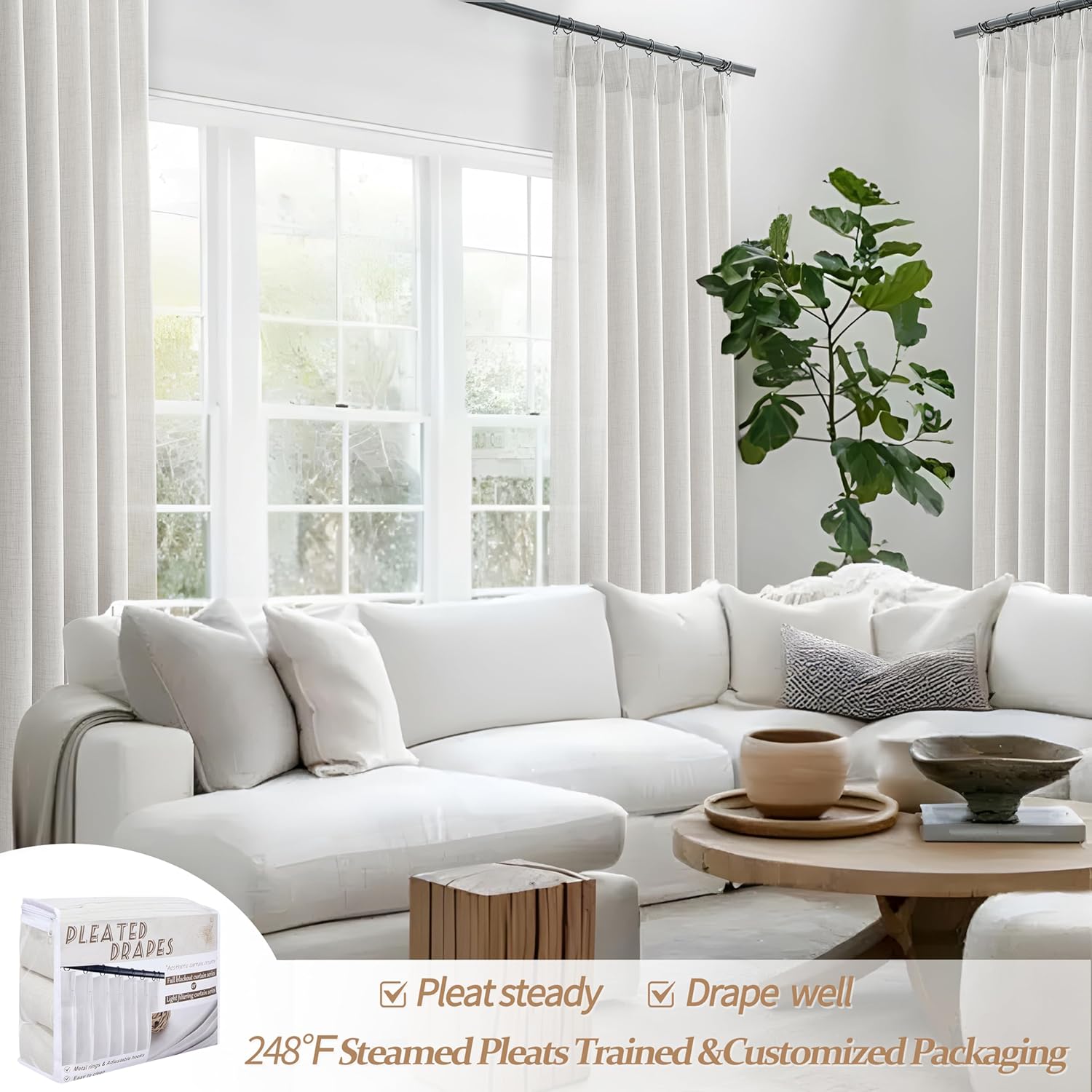 Detalle 2 de PleatedDrapes Pinch Pleated Curtains, 84-Inch Beige White Linen Blend