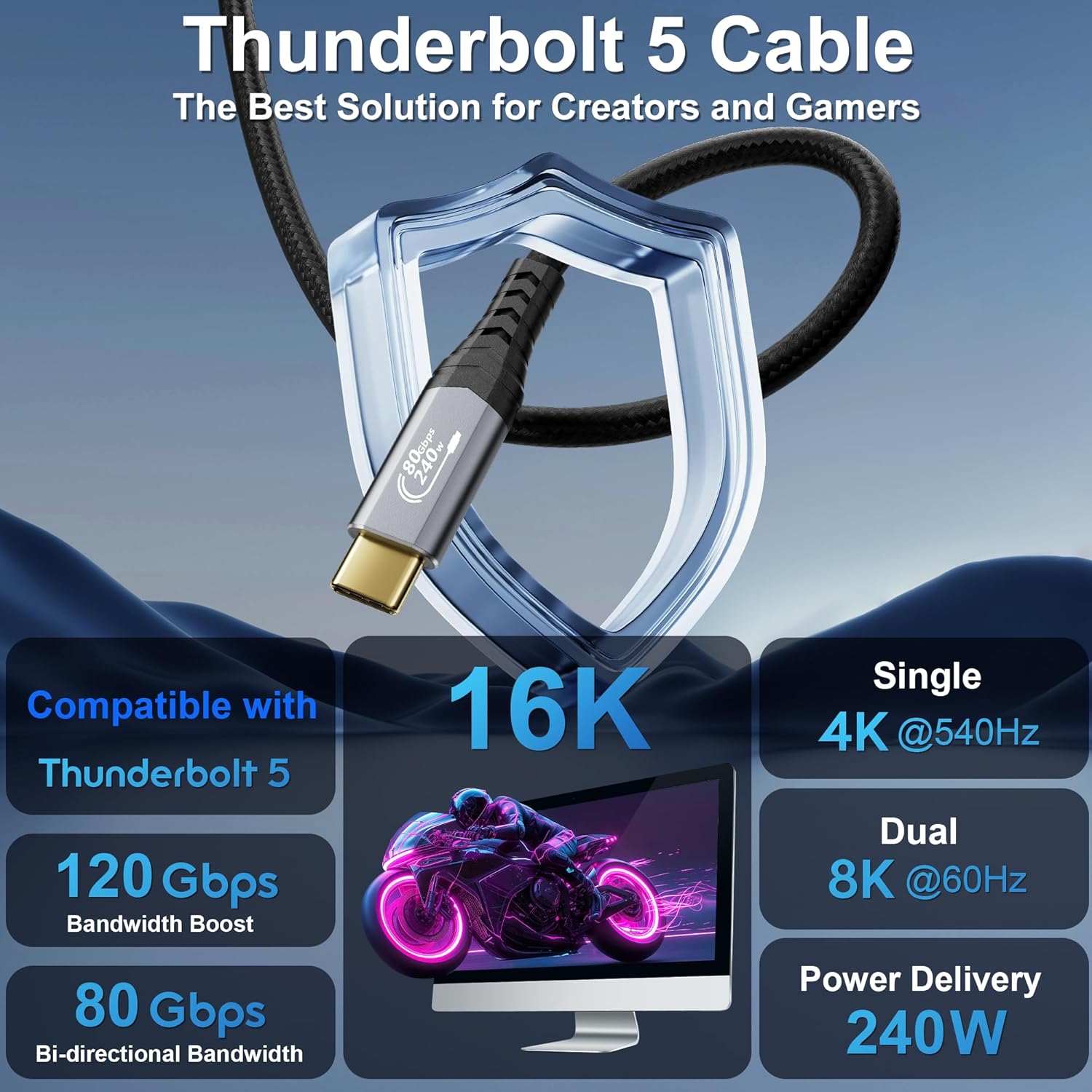 Thumbnail 1 de CABLAPTOP Thunderbolt 5 Cable (0.5m) up to 120Gbps data, 240W USB‑C charging for MacBook, dock, eGPU and monitors
