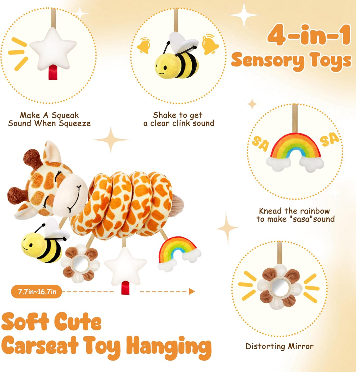 Detalle 1 de Stuffed Spiral Car Seat Baby Toy with Giraffe, Sensory Toys and Mirror