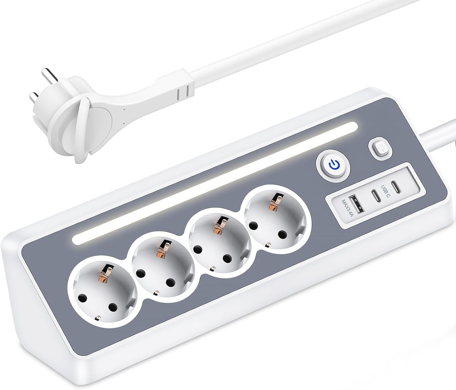 Detalle de Steckdosenleiste mit 2 USB-C, 4-fach Flachstecker und Überspannungsschutz – kompakt & flexibel