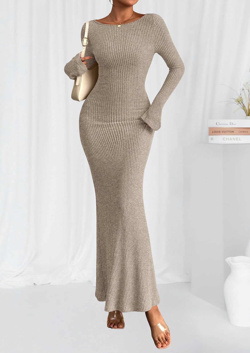 Detalle 2 de PRETTYGARDEN Ribbed Long-Sleeve Maxi Dress for Women