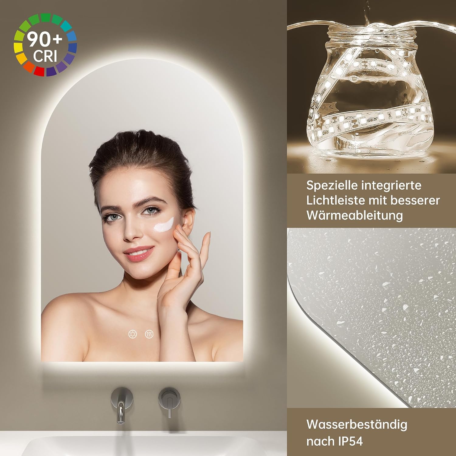 Detalle de OUMUSU Badspiegel mit Beleuchtung Bogen 50x75 cm – rahmenlos, beschlagfrei per Heizung & Touch, dimmbar