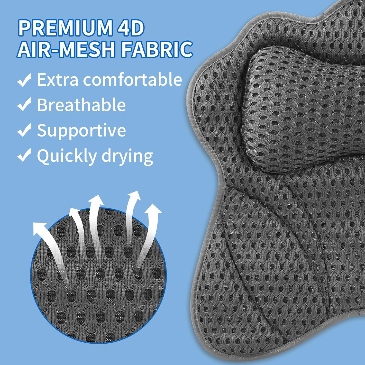 Thumbnail 3 de Badewannenkissen 4D Mesh mit 6 Saugnäpfen – Komfortables Badewannen-Kissen für Nacken, Schultern und Rücken (Grau)