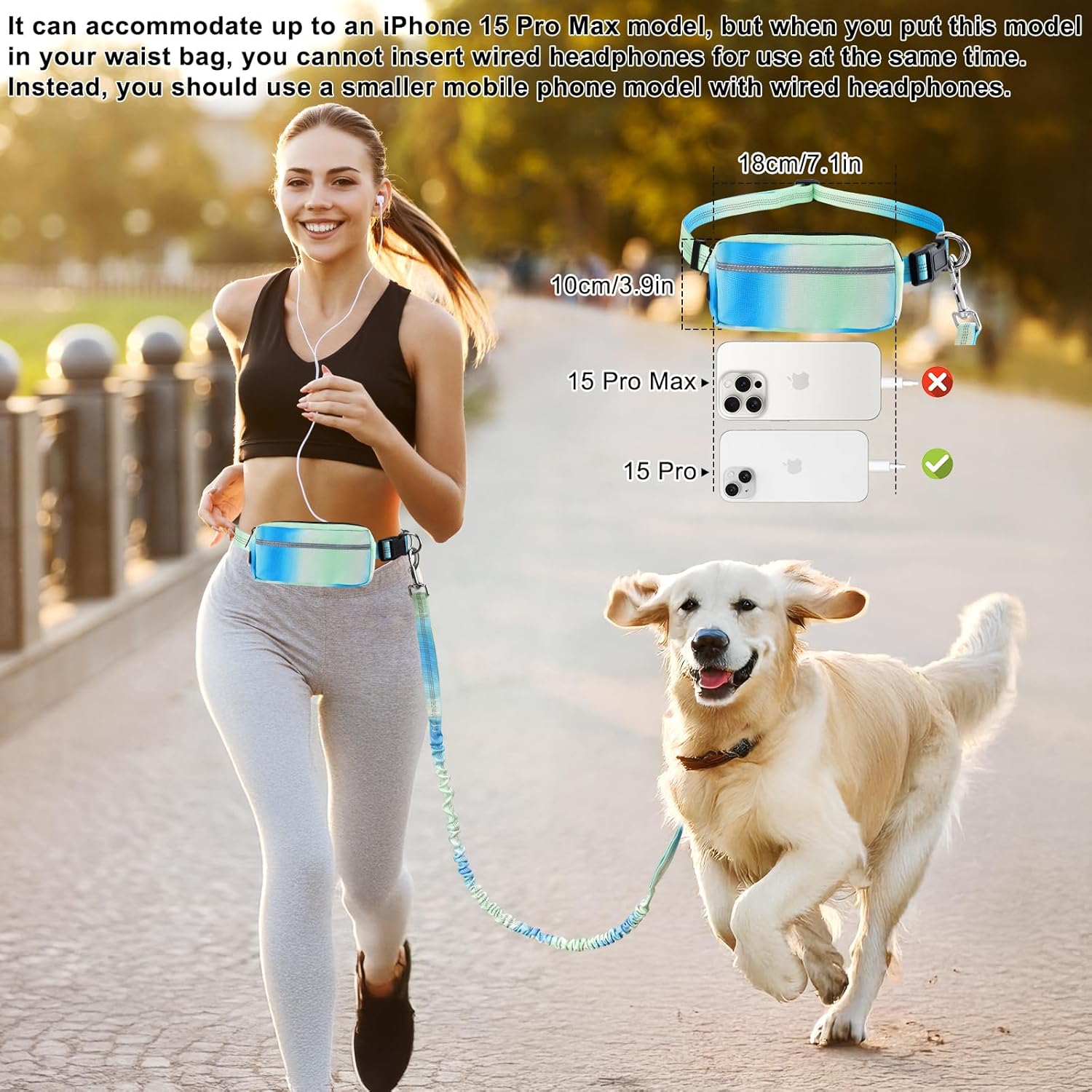 Thumbnail 3 de Joggingleine Hunde mit Bauchgurt – Laufgürtel mit verstellbarer Führleine, reflektierende Streifen (Grün)