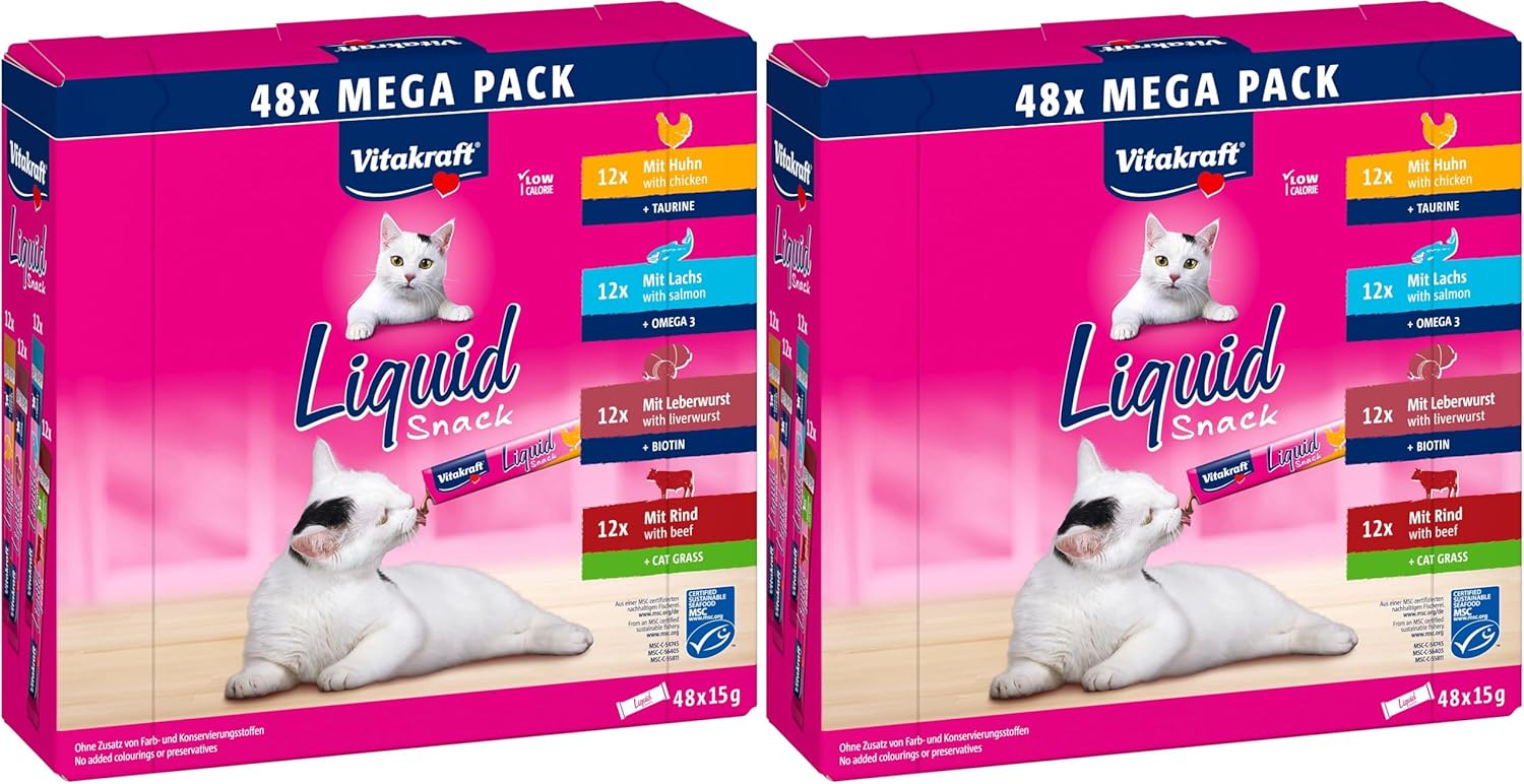 Detalle 2 de Vitakraft Liquid Snack per gatti — Mega Pack cremose con manzo, pollo e salmone (48x15g)