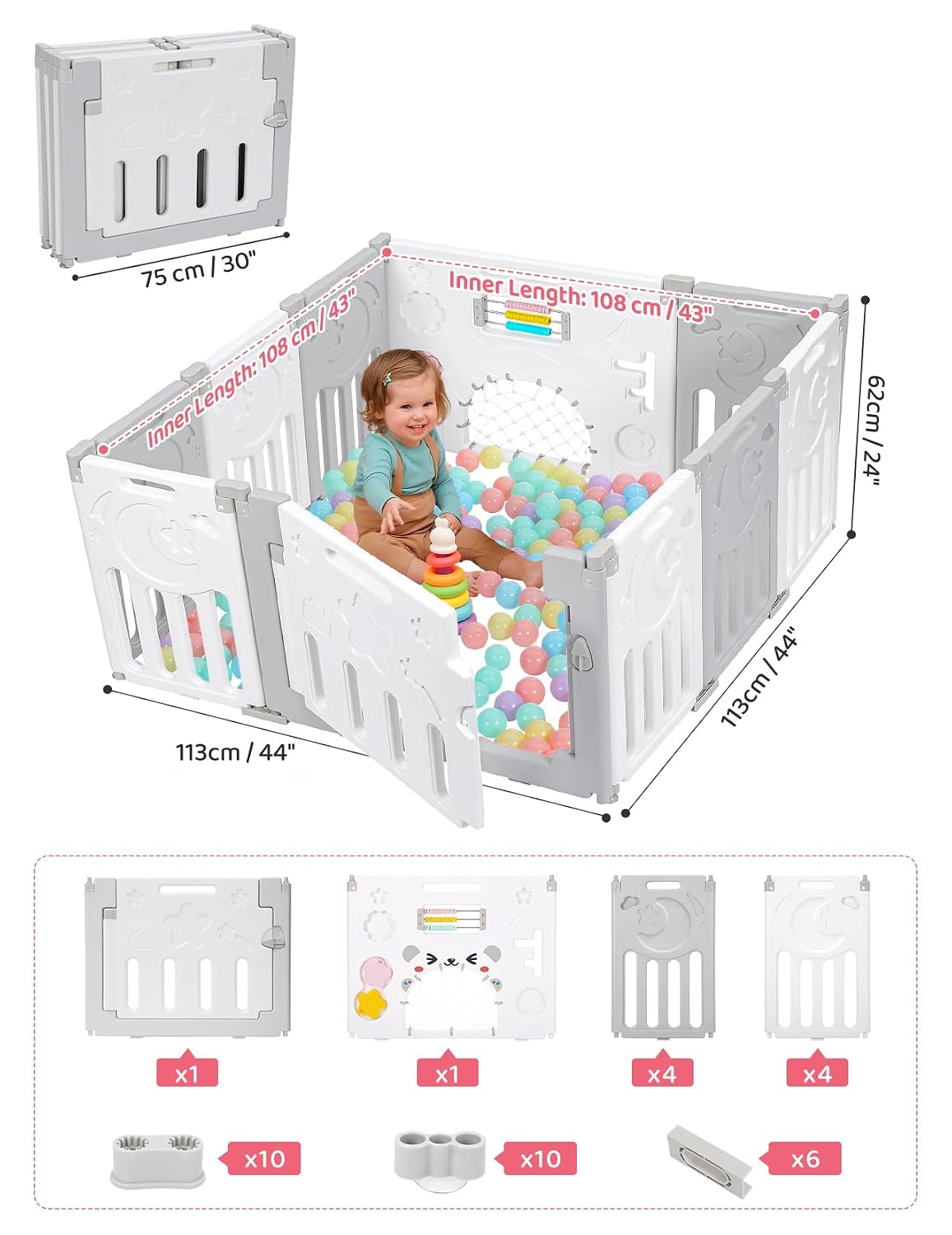 Detalle 2 de 10-Panel Foldable Baby Playpen, Adjustable PE Play Yard with Gate, Gray and White