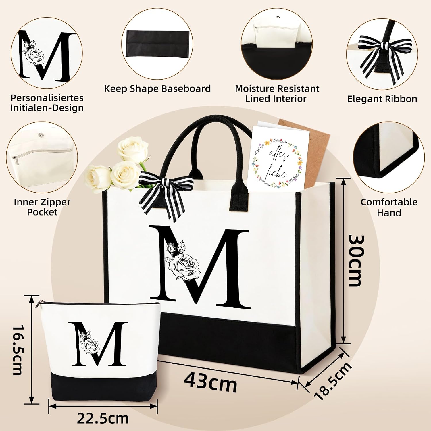 Thumbnail 1 de AnruzonGeschenke für Frauen – Personalisiert: Initial A-Z Canvas Einkaufstasche & Kosmetiktasche + Grußkarte