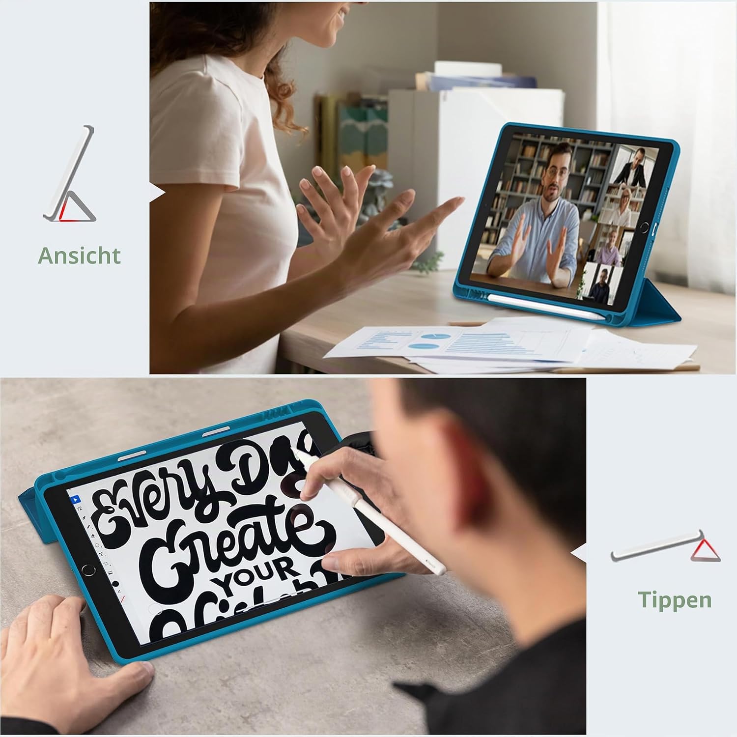 Detalle 2 de CACOE Hülle für iPad 9./8./7. Generation 10.2 Zoll – Ultradünn, Stifthalter und Pfauenblau