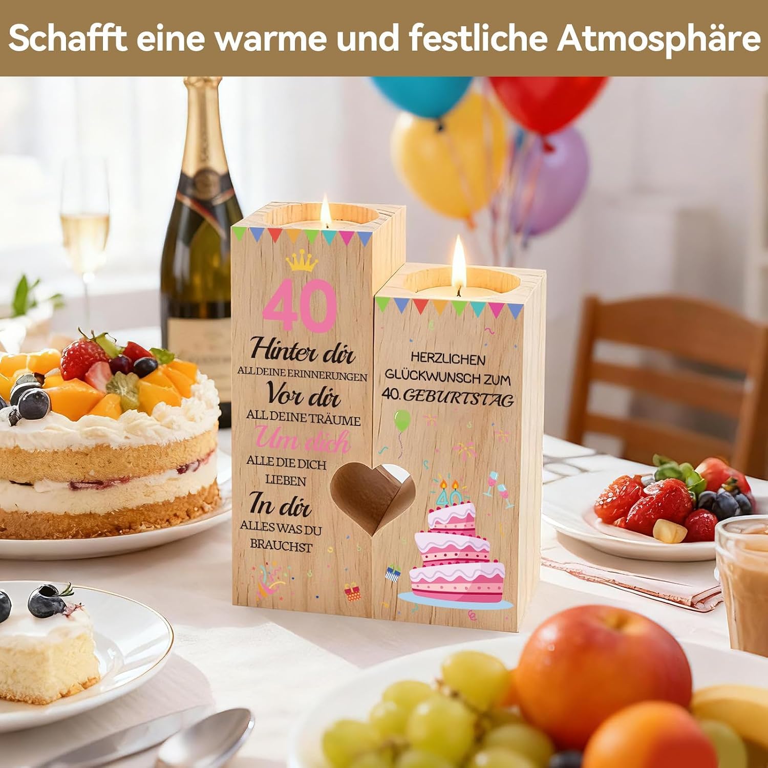 Detalle de Belillpipi 40. Geburtstag Kerzenhalter-Set aus Holz – Herz-Design, zwei Halter mit Teelichtern