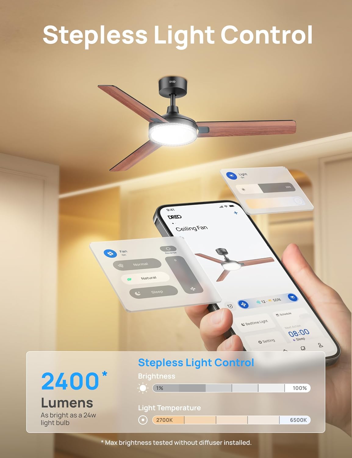 Thumbnail 5 de DREO 52 Inch Smart Ceiling Fan with Lights: Quiet, Colour-Tuned illumination and voice‑control