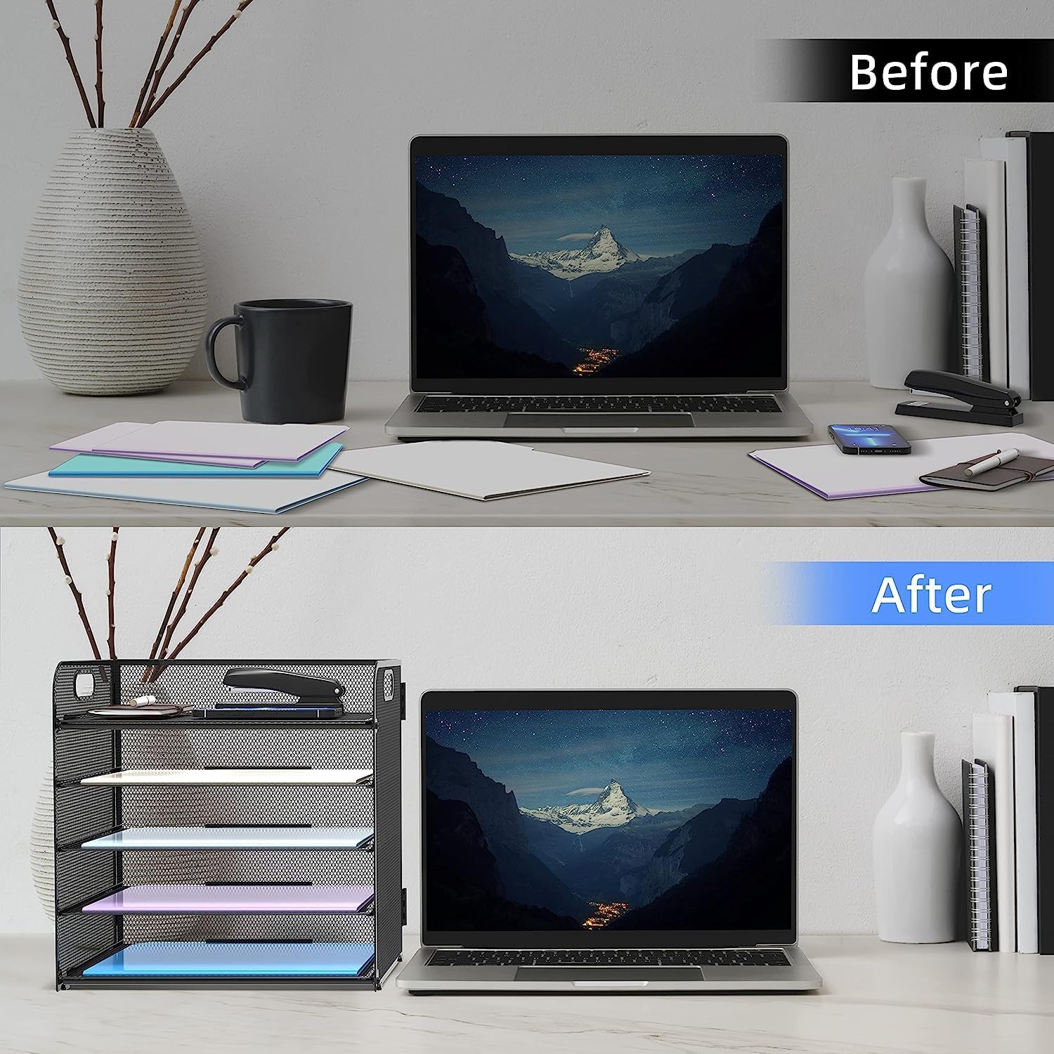 Thumbnail 3 de SUPTIDY 5-Tray Paper Organiser with Handle (Mesh Desk File Organiser) – A4, Black
