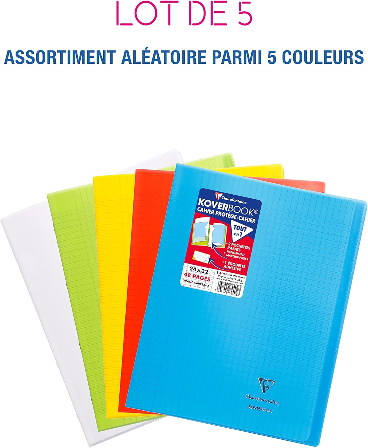 Thumbnail 1 de Clairefontaine 984450AMZC – Lot de 5 Cahiers Agrafés Koverbook, 24x32 cm, 48 pages, papier 90 g, couvertures polypropylène colorées