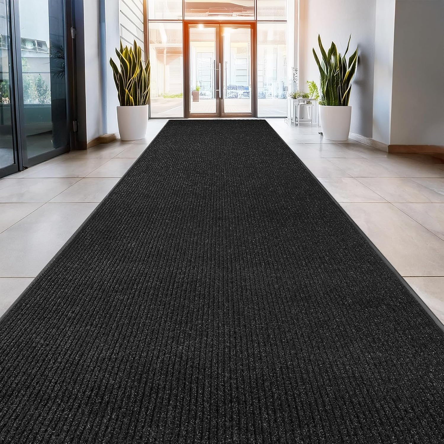 Detalle de LuxUrux 4 x 8 Feet Striped Black Door Mat, Low-Profile and Waterproof