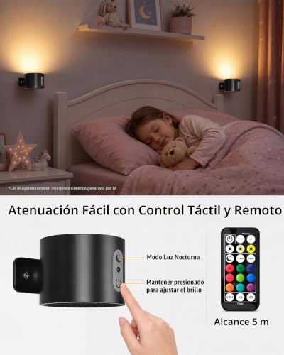 Detalle de LuminexDesigns AURI WL01, pack de 2 lámparas de pared LED RGB recargables, negras